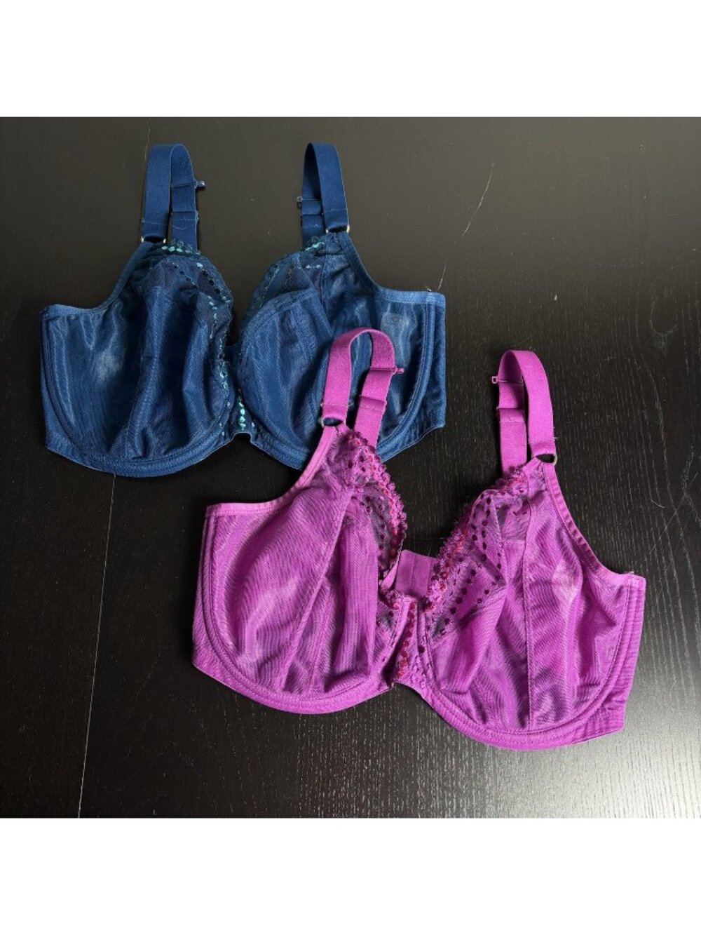 ELOMI Size 34J Lot of 2 Matilda Underwire Plunge Bras, Blue & Pink Style EL8900